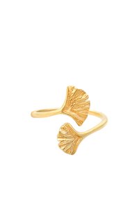 Ring in Goldton mit zwei Akzenten in Form von Ginkgo-Blättern, mit strukturierten Details, offenem Banddesign und polierter Oberfläche.