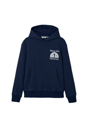 Marineblauer Hoodie mit Vordertasche, Kapuze und weißem "Ellesse 1959 Club di Corsa" Schriftzug sowie Halbkreis-Logo auf der linken Brust.