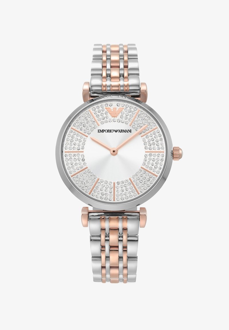 Silver och roséguld armbandsur i rostfritt stål med en kristallprydd urtavla, vit urtavla och en länkdesign på armbandet.