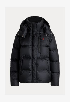 Black puffer jacket with high collar, detachable hood with snap buttons, front zipper pockets, and red embroidered logo on chest.