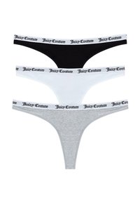 Sada troch tang v čiernej, bielej a sivej farbe. Každý má elastický pás so značkovým nápisom "Juice Couture" čiernym písmom. Bavlnená látka.