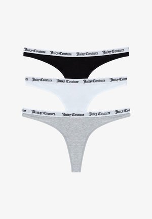 Zestaw trzech stringów w kolorze czarnym, białym i szarym. Każdy z nich ma elastyczny pas z nadrukiem "Juice Couture" w czarnym kolorze. Wykonane z bawełnianego materiału.