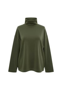 Maglione dolcevita verde oliva con maniche lunghe, vestibilità morbida, texture morbida e senza motivi o elementi visibili.