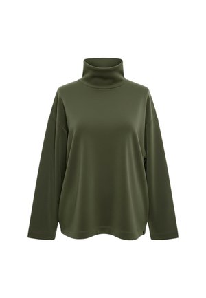 Maglione dolcevita verde oliva con maniche lunghe, vestibilità morbida, texture morbida e senza motivi o elementi visibili.