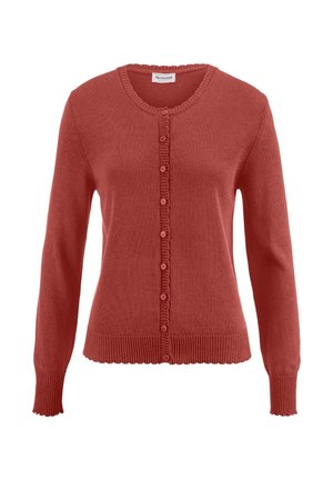 Rostfarbener Strickcardigan mit Knopfleiste, geripptem Rundhalsausschnitt, Bündchen und Saum, präsentiert vor weißem Hintergrund.