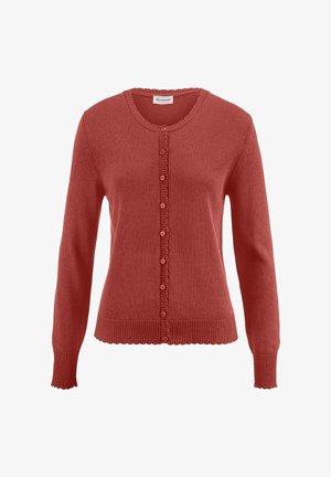 Cardigan boutonné couleur rouille avec col rond, poignets et ourlet côtelés, présenté sur un fond blanc.