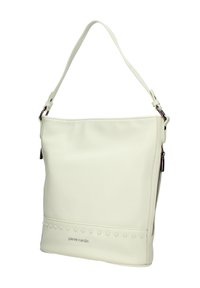 Borsa a tracolla in pelle bianca con finitura testurizzata, dotata di manico superiore, chiusura con zip e borchie rotonde alla base. Logo del marchio in evidenza.