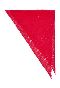 Czerwony trójkątny szalik wykonany z lekkiego materiału z haftowanymi kwiatowymi wzorami wzdłuż krawędzi, z wycięciami nadającymi teksturę.