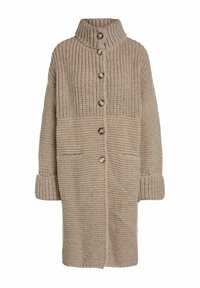 Neulottu beige pitkä neulejakku, jossa korkea kaulus, etuosassa napillinen suljenta, kaksi etutaskua ja resorireunaiset hihansuut.