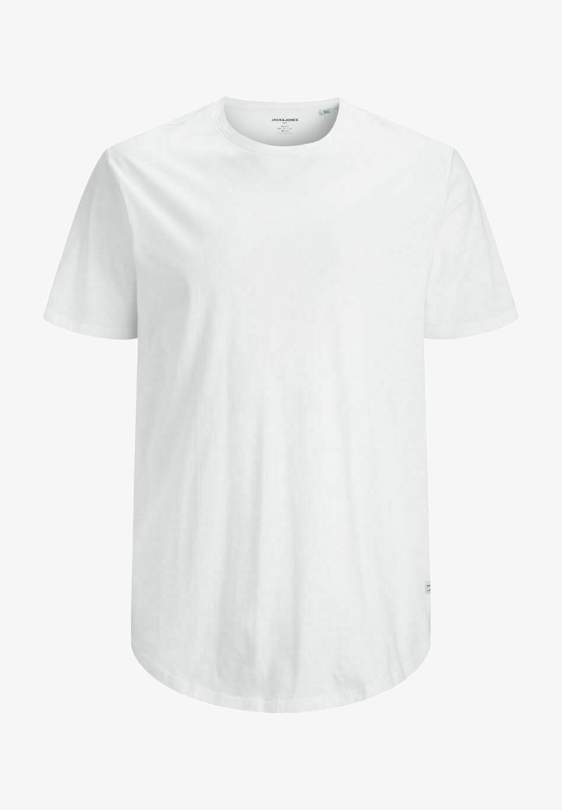 Λευκό βαμβακερό t-shirt με στρογγυλή κοπή, κοντά μανίκια και ίσια ουρά. Χωρίς ορατά σχέδια ή λεπτομέρειες. Απλός και λιτός σχεδιασμός.