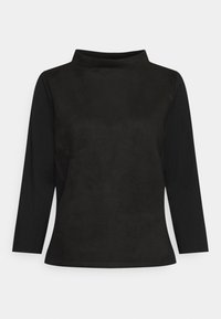 Top nero con maniche a tre quarti, caratterizzato da un design con collo alto. Realizzato in un tessuto morbido e liscio con un leggero lucido. Nessun motivo o accentuazione visibile.