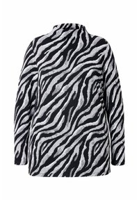 Zwarte en zilveren long-sleeve top met een gektructureerd zebrapatroon, een hoge halsontwerp en een ontspannen pasvorm.