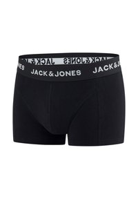 Black boxer shorts made of cotton with a black waistband featuring white "JACK & JONES" logo. Has a fitted design and shorter leg length.