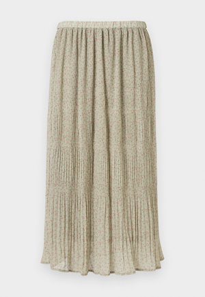 Jupe longue beige avec imprimé floral rose pâle, plis froncés et taille élastique sur fond blanc.