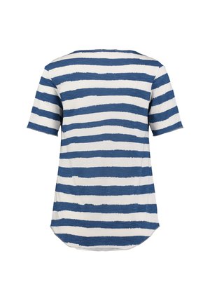 Chemise à manches courtes avec des rayures irrégulières horizontales bleu marine et blanches, vue de dos sur un fond blanc.