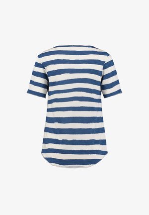 Camicia a maniche corte con strisce orizzontali irregolari blu navy e bianche, vista da dietro su uno sfondo bianco.