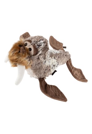 Giocattolo di tricheco di peluche con pinne marroni, corpo di pelliccia grigia e bianca testurizzata, ciuffo di pelliccia arancione-marrone sulla testa e due zanne bianche.