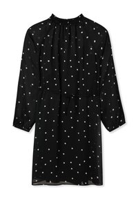Abito nero a pois con maniche lunghe a sbuffo, collo arricciato, vita con cordoncino e motivi circolari bianchi in tutta la superficie. Tessuto trasparente.