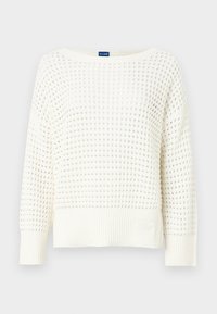 White knitted sweater with openwork pattern, long sleeves, ribbed cuffs and hem, and round neckline.