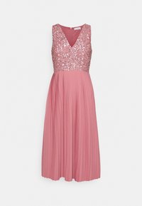 Pink dress with a pleated skirt, V-neckline, and a sequin-embellished bodice; features a zipper closure at the back.
