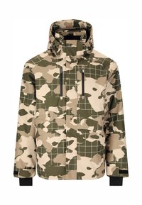 Camouflage vandtæt jakke i grøn og beige, med rutenet-mønster, frontlynlås lommer og justerbar hætte med sorte detaljer.