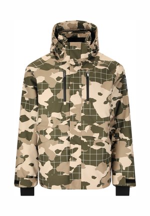 Waterdichte camouflagejas in groen en beige, met een ruit patroon, ritszakken aan de voorkant en een verstelbare capuchon met zwarte accenten.