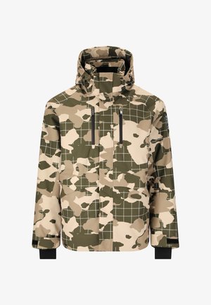 Vihreä ja beige camo-vingeröity takki, jossa on ruudullinen kuvio, edessä vetoketjulliset taskut ja säädettävä huppu mustilla yksityiskohdilla.