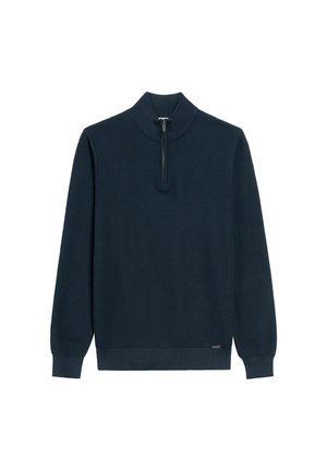 Ciemnoniebieski sweter z wysokim dekoltem, z suwakiem na pół, o prążkowanej teksturze. Długie rękawy i dopasowane mankiety dopełniają design.