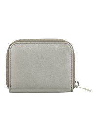 Portafoglio argento con una superficie liscia e lucida, forma rettangolare, chiusura a zip lungo il bordo e una cerniera discreta per l'accesso.