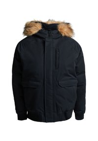 Parka nera con cappuccio bordato in pelliccia, chiusura con zip frontale e due tasche laterali. Presenta polsini a costine e un'esterno liscio e texturizzato.