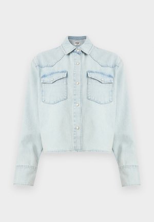 Hele sinine teksajope pikkade varrukatega, ees nupuga, kahe rinnatasku ja terava kraega.