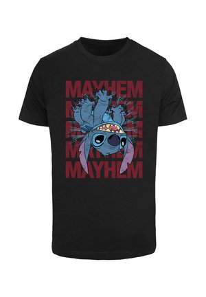 Zwarte katoenen t-shirt met een blauwe stripfiguur met grote oren, omringd door het herhaalde woord "MAYHEM" in het rood.