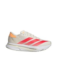 White sneaker with red diagonal stripes, lightweight mesh upper, textured heel in peach, and a padded collar for comfort.