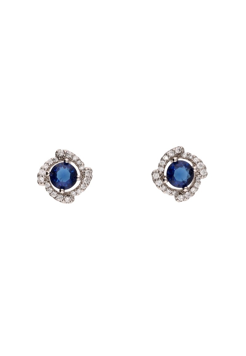 Silberne Steckohrringe mit runden blauen Mittelpunktsteinen, umgeben von kleinen klaren Steinen, mit einem strukturierten, blütenähnlichen Design.