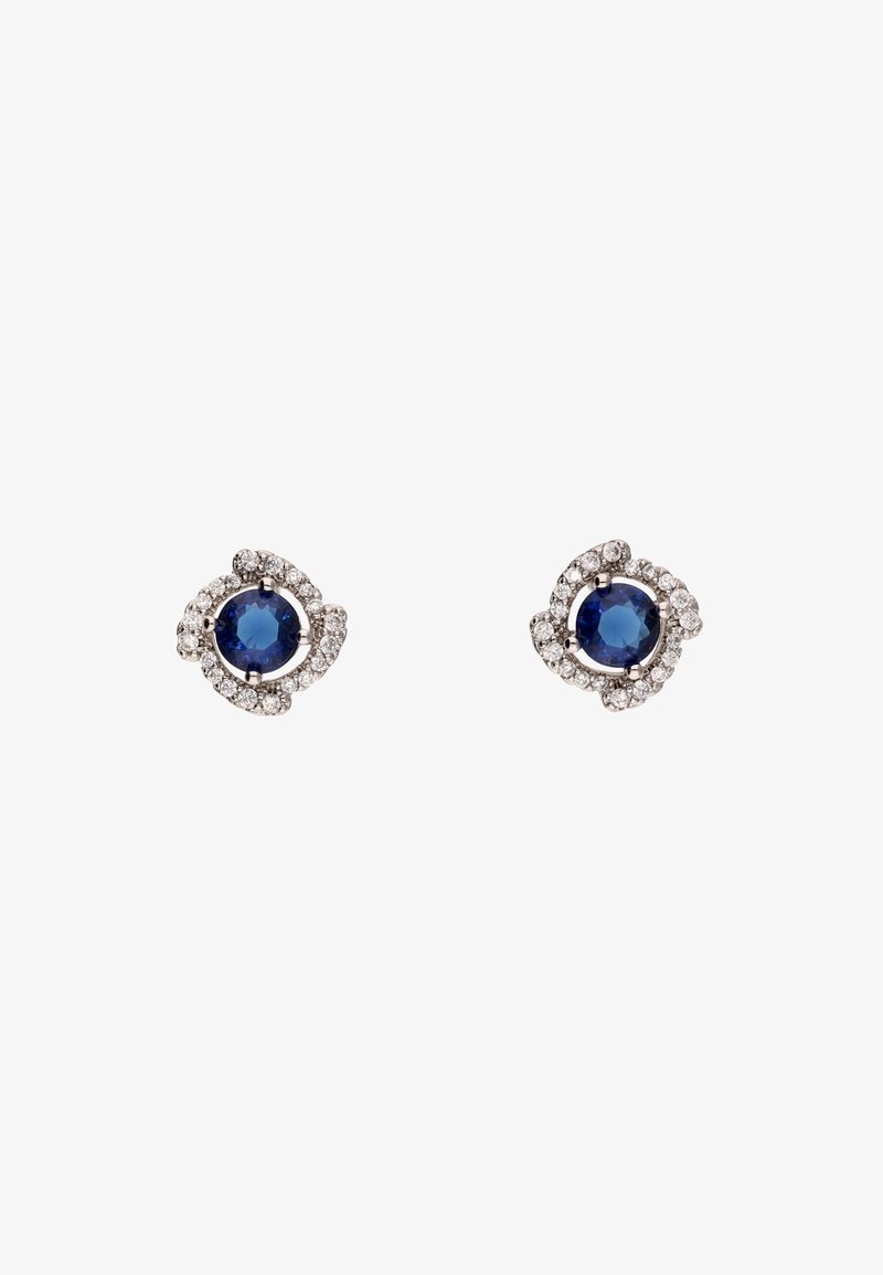 Silberne Steckohrringe mit runden blauen Mittelpunktsteinen, umgeben von kleinen klaren Steinen, mit einem strukturierten, blütenähnlichen Design.