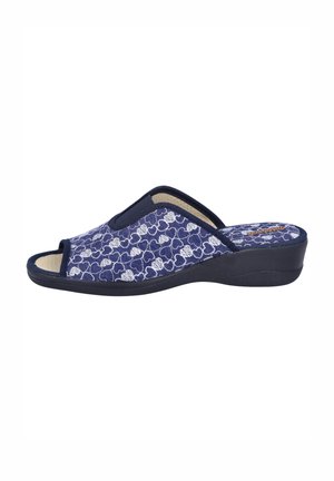 Zapatilla abierta de punto azul marino con patrón floral blanco, parte superior de textil, plantilla acolchada y suela de goma moldeada para mayor comodidad.