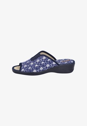 Zapatilla abierta de punto azul marino con patrón floral blanco, parte superior de textil, plantilla acolchada y suela de goma moldeada para mayor comodidad.