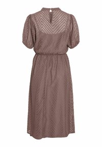 Robe mauve avec motif en chevrons, manches courtes bouffantes, taille élastiquée et fermeture à bouton avec ouverture en forme de trou de serrure dans le dos, jupe mi-longue.