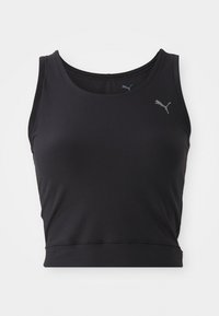 Top deportivo negro corto con escote redondo, hecho de una tela suave. Presenta un sutil logo gris de Puma en el lado superior izquierdo.