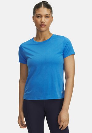 Blue athletic t-shirt made of lightweight, textured fabric. Features a crew neckline and short sleeves, with a small logo on the hem.