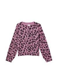 Rosa Strickjacke mit schwarzem Leopardenmuster, ausgestattet mit einem runden Halsauschnitt, Knopfverschluss und gerippten Bündchen. Weiche Strickqualität mit langen Ärmeln.