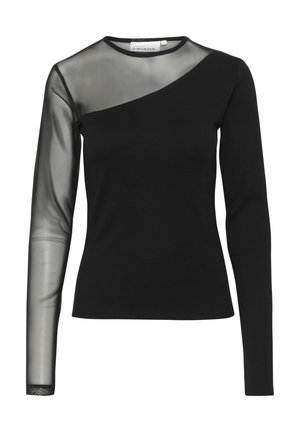 Top negro de manga larga con un hombro izquierdo de malla transparente, cuello redondo y un diseño ajustado. Textura suave con costuras lisas.