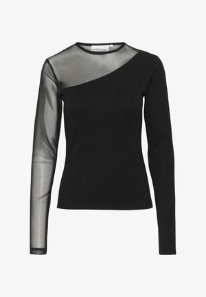 Mustmustäheline top, millel on läbipaistev võrkkangas vasakul õlal, ümmargune kaelus ja eest kitsas disain. Pehme tekstuur sujuvate õmblustega.