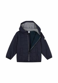 Giacca imbottita navy con cappuccio, zip frontale, due tasche laterali e fodera a righe. Dotata di polsini elastici e logo sulla manica.