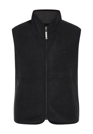 Gilet in pile nero con colletto alto, zip completa, tasche laterali e logo tonale sul petto. Texture morbida e finitura liscia.