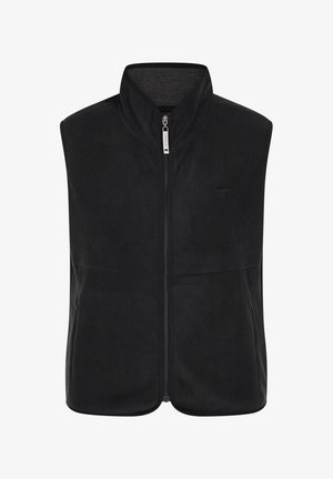 Sort fleece vest med høj krave, fuld lynlås, sidelommer og tonalt logo på brystet. Blød tekstur og glat overflade.