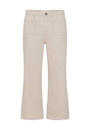 Pantalon beige évasé taille haute, court, avec poches plaquées à l'avant et passants pour ceinture, fermeture par bouton et zip.
