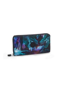 Floral-patterned wallet featuring a black base, zip closure, smooth texture, and a circular brand emblem on the front.