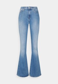 Uppvikta blå denimjeans med ljus tvätt, med hög midja, fickdetaljer och en slät yta, med en gradvis utsvängning från knäet.