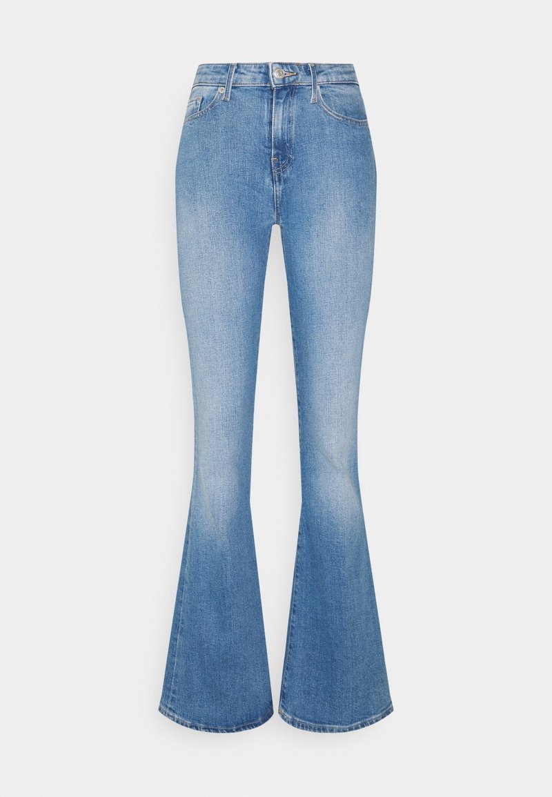 Uppvikta blå denimjeans med ljus tvätt, med hög midja, fickdetaljer och en slät yta, med en gradvis utsvängning från knäet.